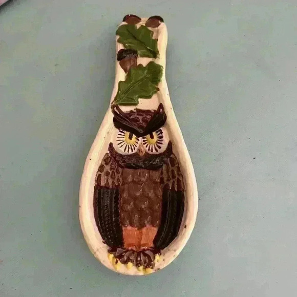 Vintage 80s Ceramic Owl Spoon Rest Kitschy Kitchen Wall Decor  Mid Century Decor - Picture 8 of 9